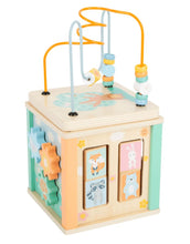 Laden Sie das Bild in den Galerie-Viewer, Motorikwürfel aus Holz in sanften Pastellfarben mit Tiermotiven, Motorikschleife und Spielstationen, ca. 20 x 20 x 40 cm, Small Foot