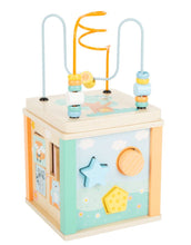 Laden Sie das Bild in den Galerie-Viewer, Motorikwürfel aus Holz in sanften Pastellfarben mit Tiermotiven, Motorikschleife und Spielstationen, ca. 20 x 20 x 40 cm, Small Foot