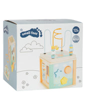 Laden Sie das Bild in den Galerie-Viewer, Motorikwürfel aus Holz in sanften Pastellfarben mit Tiermotiven, Motorikschleife und Spielstationen, ca. 20 x 20 x 40 cm, Small Foot