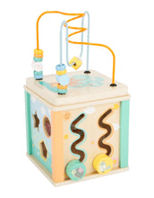 Laden Sie das Bild in den Galerie-Viewer, Motorikwürfel aus Holz in sanften Pastellfarben mit Tiermotiven, Motorikschleife und Spielstationen, ca. 20 x 20 x 40 cm, Small Foot
