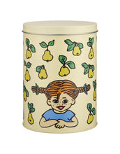Laden Sie das Bild in den Galerie-Viewer, Metalldose Pippi Langstrumpf Fruits in Gelb von Muurla mit Pippi-Motiv, runde Aufbewahrungsdose, ca. 17 cm hoch
