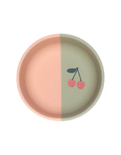 Laden Sie das Bild in den Galerie-Viewer, Rosa und grün Kinderschale aus Silikon mit Kirschmotiv, BPA-frei, bruchfest, mikrowellen- und spülmaschinengeeignet, geeignet für Babys ab 6 Monaten.