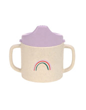 Laden Sie das Bild in den Galerie-Viewer, Lavendelfarbener Trinklernbecher mit Herz- und Regenbogenmotiv, BPA-frei, mit Griffen und Antitropf-Ventil, mikrowellen- und spülmaschinengeeignet, für Babys ab 6 Monaten.