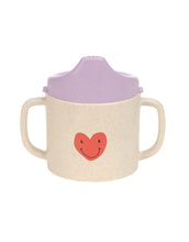 Laden Sie das Bild in den Galerie-Viewer, Lavendelfarbener Trinklernbecher mit Herz- und Regenbogenmotiv, BPA-frei, mit Griffen und Antitropf-Ventil, mikrowellen- und spülmaschinengeeignet, für Babys ab 6 Monaten.