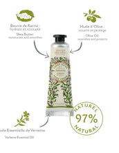 Laden Sie das Bild in den Galerie-Viewer, Belebende Verbene Handcreme 30ml von Panier Des Sens, Mini-Handcreme mit Sheabutter, Olivenöl und ätherischem Verbenaöl für hydratisierte und zart duftende Hände.