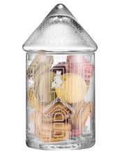 Laden Sie das Bild in den Galerie-Viewer, Moominhouse Glas-Aufbewahrung von Muurla – blaues rundes Muminhaus aus Glas, Ø 9 cm, Höhe 18,5 cm.