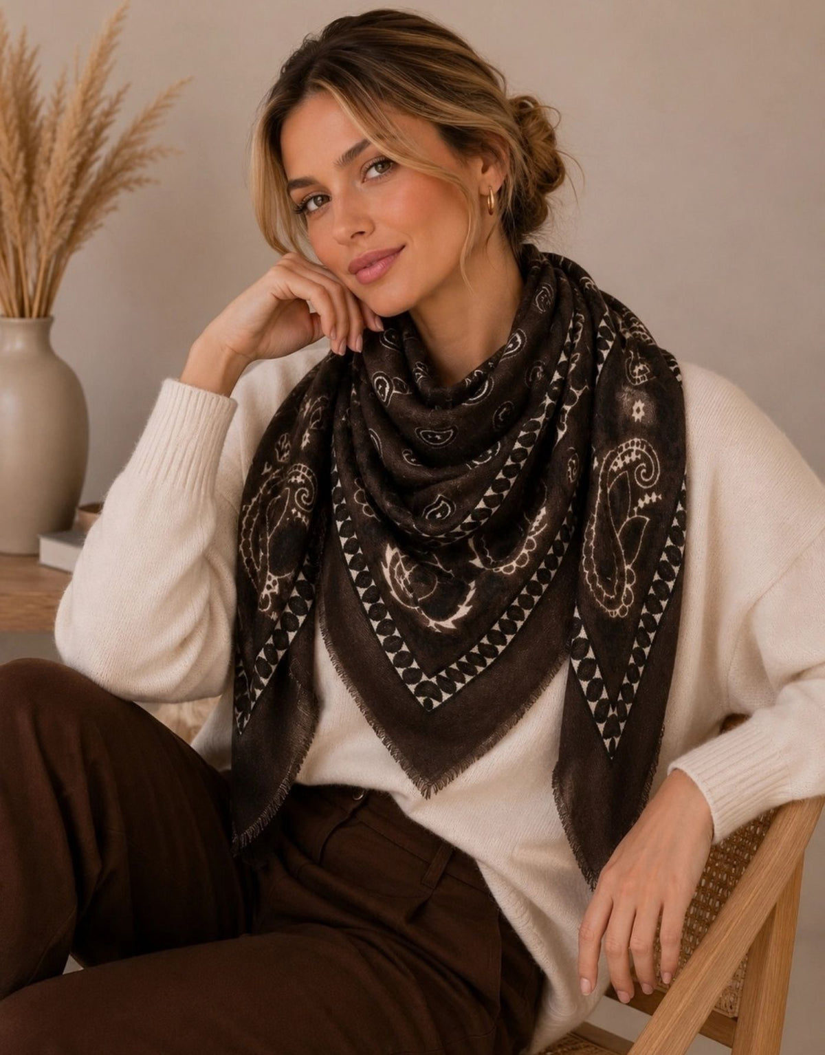 Lineta großes Carré Paisley in Café mit klassischem Paisley-Muster aus Viskose-Woll-Mischung