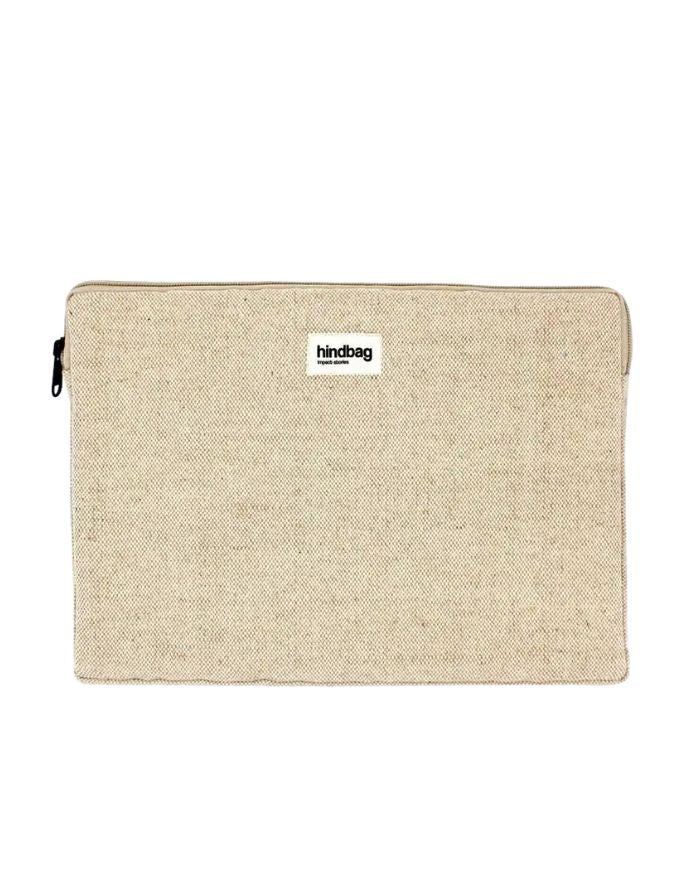 Ava Laptophülle von Hindbag in Beige aus robuster Jute mit stoßfester Polsterung, Reißverschluss und handgefertigtem gemustertem Innenfutter, Größe S für 13-Zoll-Laptops