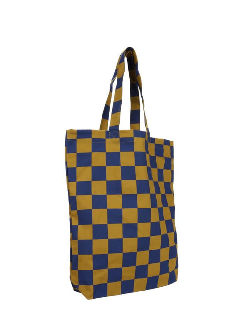Baumwoll Einkaufsbeutel von Kado Design mit Schachbrett Muster in Blau und Khaki Grün als Freisteller von der Seite