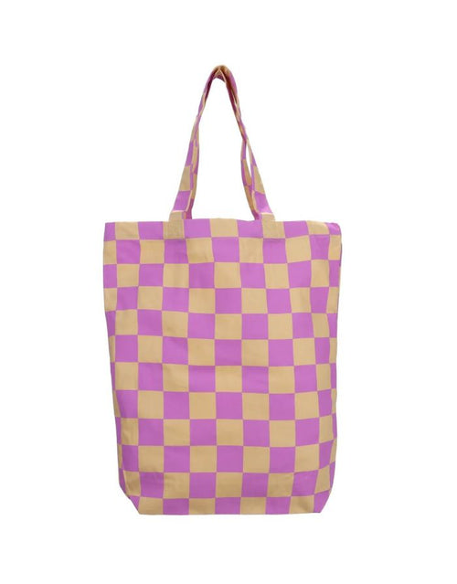 Baumwolle Einkaufsbeutel von Kado Design mit Schachbrett Muster in Beige und Violett als Freisteller von vorne