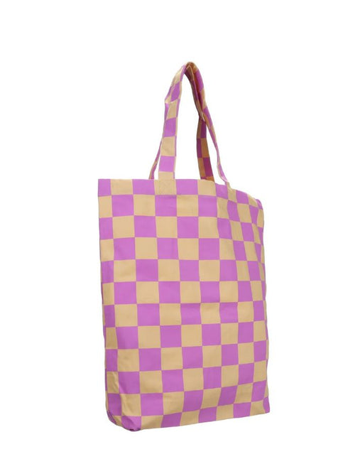 Baumwolle Einkaufsbeutel von Kado Design mit Schachbrett Muster in Beige und Violett als Freisteller von der Seite