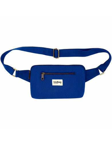 Fanny Pack Harry von Hindbag in Electric Blue, aus GOTS-zertifizierter Bio-Baumwolle, rechteckig mit zwei Reißverschlusstaschen und verstellbarem Gurt.