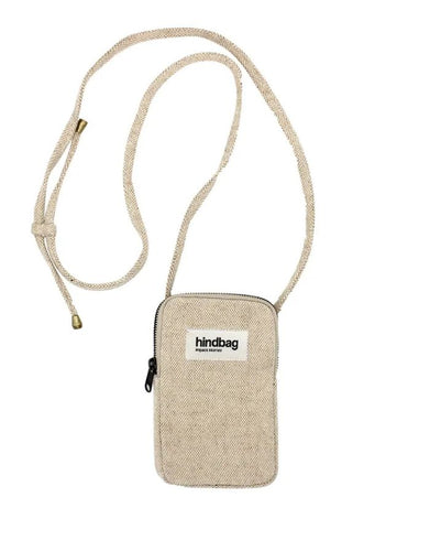 Handy-Umhängetasche Bill von Hindbag in Leinen Beige, aus Baumwoll-Leinen-Mischung mit verstellbarem Gurt, gepolstertem Innenfutter und Kartenfach hinten.