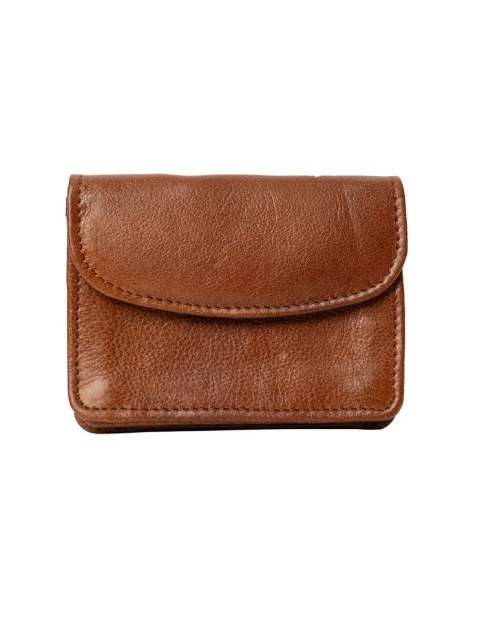 Kompaktes Marli Portemonnaie von Re:Designed in Walnut aus hochwertigem Leder mit Druckknopfverschluss und Reißverschlussfächern.
