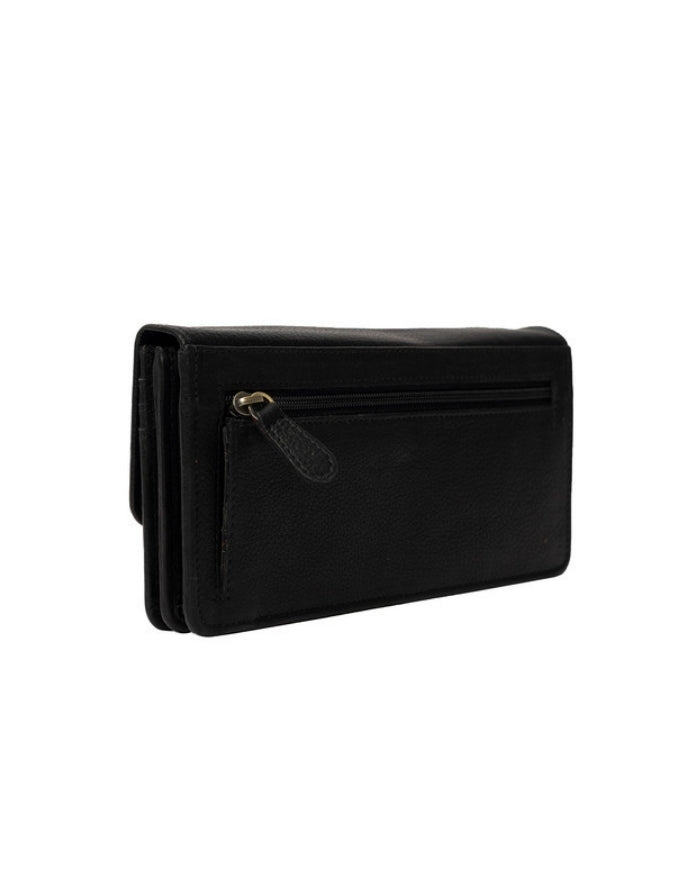 Schwarzes Moa Wallet Big von Re:Designed aus genarbtem Rindsleder mit goldfarbenem Verschluss, Reißverschlussfach und Platz für sechs Karten von hinten