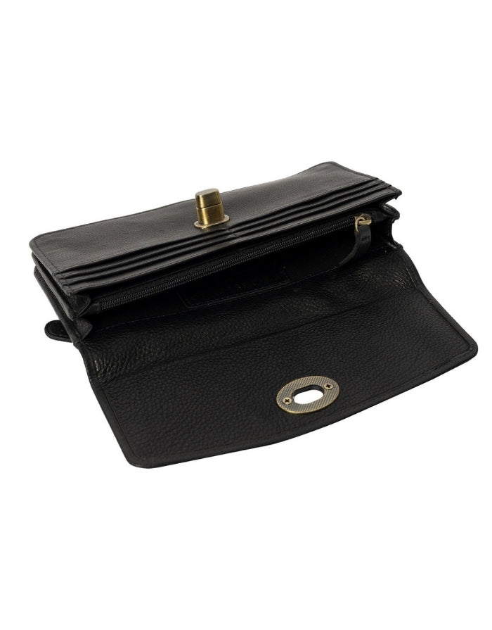 Schwarzes Moa Wallet Big von Re:Designed aus genarbtem Rindsleder mit goldfarbenem Verschluss, Reißverschlussfach und Platz für sechs Karten von innen