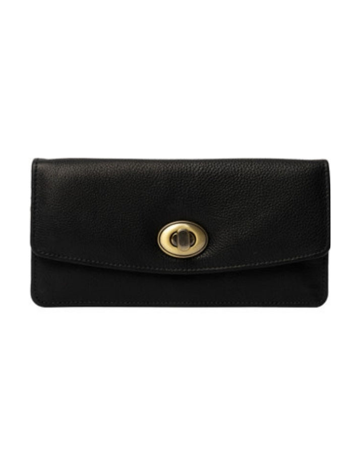 Schwarzes Moa Wallet Big von Re:Designed aus genarbtem Rindsleder mit goldfarbenem Verschluss, Reißverschlussfach und Platz für sechs Karten von vorne