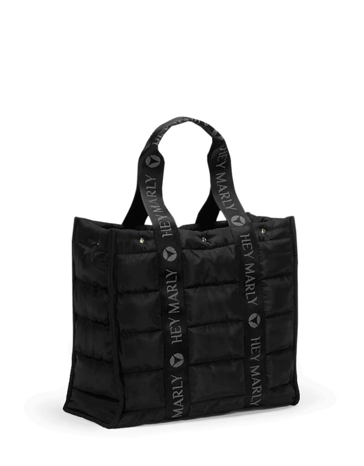 Große Hey Marly Best Buddy Tasche in Schwarz aus weichem, leichtem Material mit Signature-Henkeln und geräumigem Innenfach als Freisteller von der Seite
