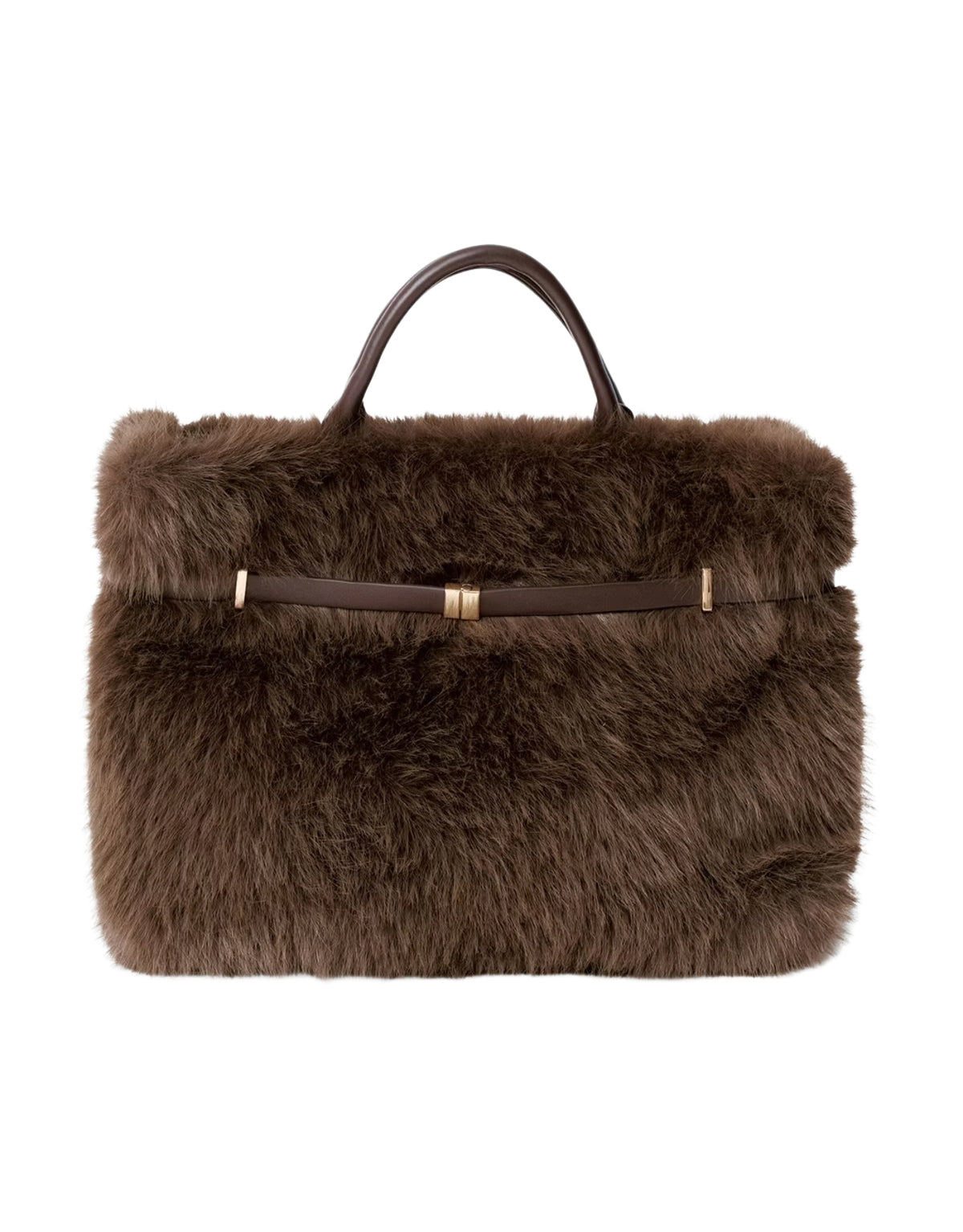 Braune Faux Fur Belted Tasche von Gina Tricot aus flauschigem Kunstfell mit Kunstleder-Details und goldfarbenen Metall-Akzenten als Freisteller