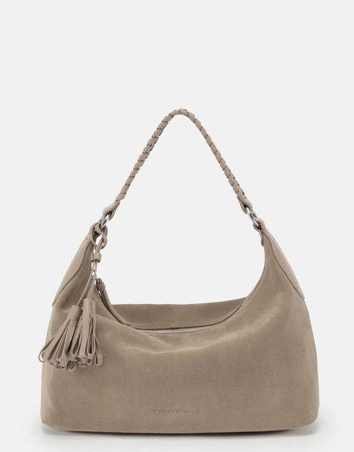 Les Visionnaires Leonie Cozy Boho Tasche Mushroom aus Wildleder, Schultertasche mit Quastenanhänger und Reißverschluss in Boho Stil