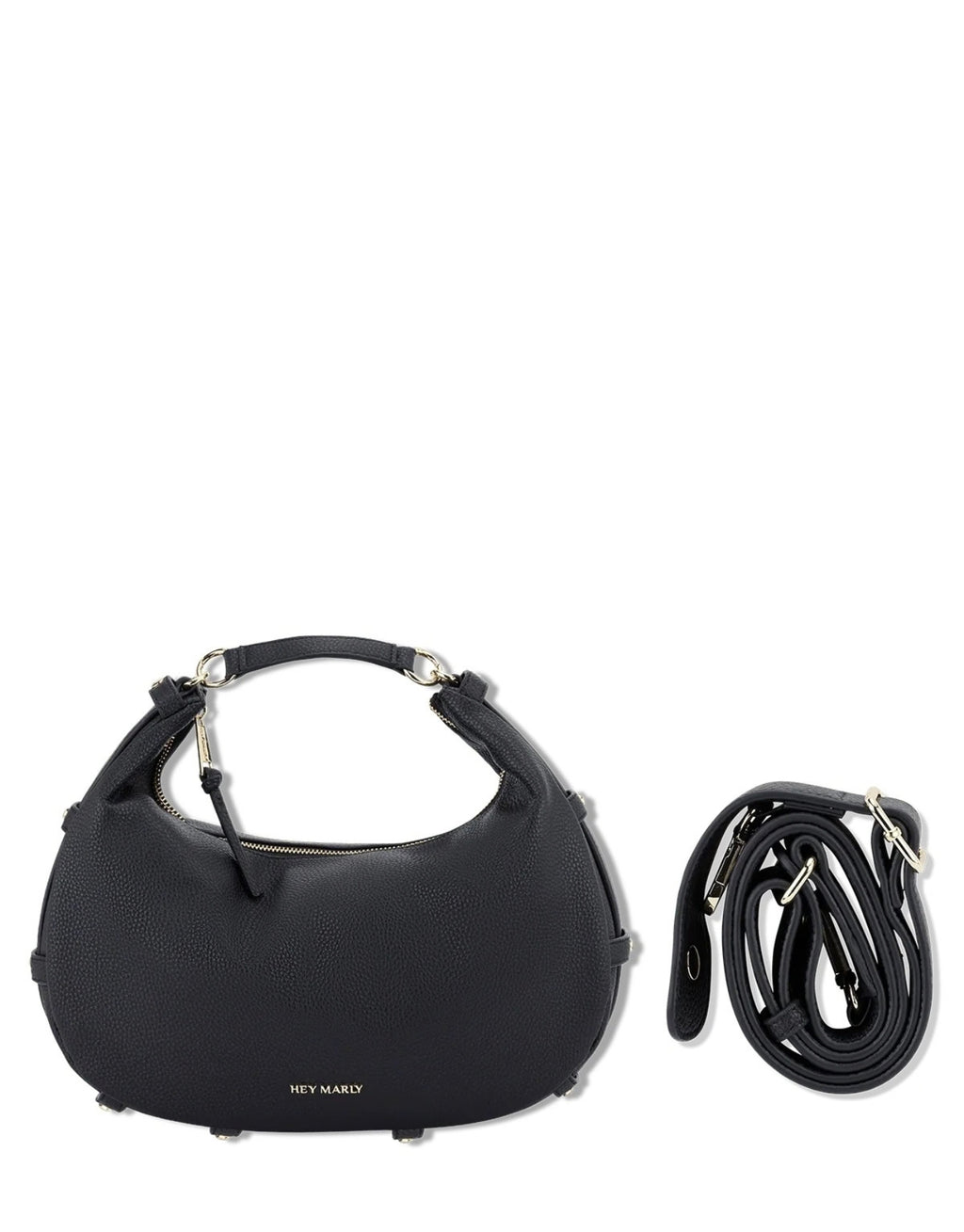 Schwarze Hey Marly Lifetime Sister M Umhängetasche mit flexibler Banana-Bag-Form, matt-goldfarbenen Details und verstellbarem Crossbody Strap mit Ersatzstrap