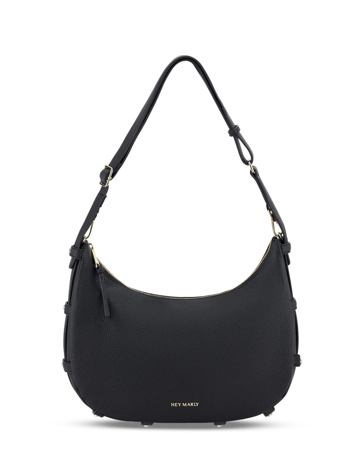 Schwarze Hey Marly Lifetime Sister M Umhängetasche mit flexibler Banana-Bag-Form, matt-goldfarbenen Details und verstellbarem Crossbody Strap von vorne