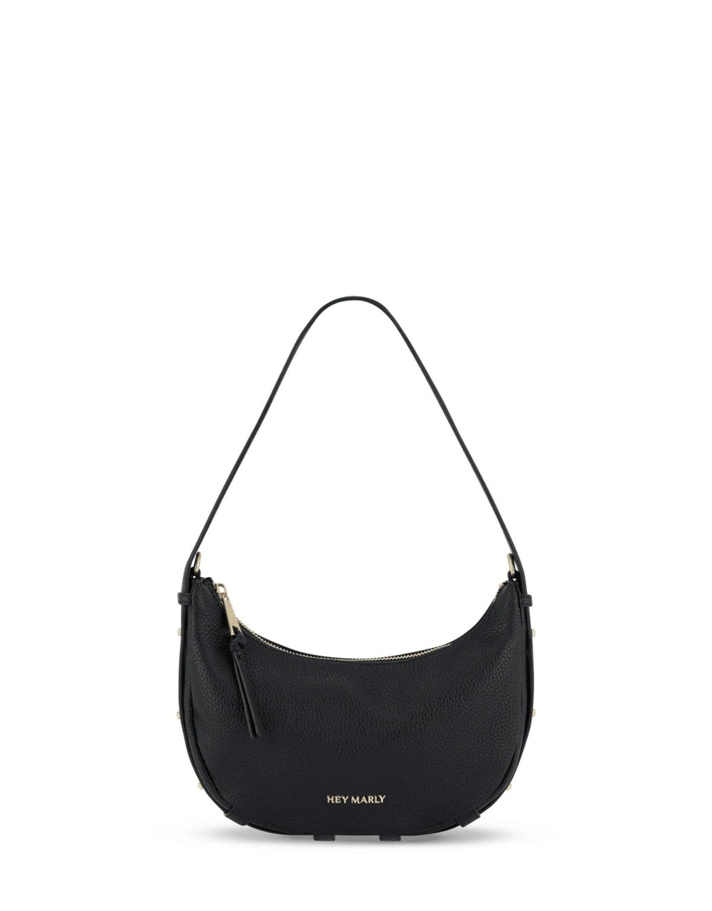 Schwarze Hey Marly Lifetime Sister S Umhängetasche in kompakter Banana-Bag-Form mit goldfarbenen Details und verstellbarem Schultergurt als Freisteller