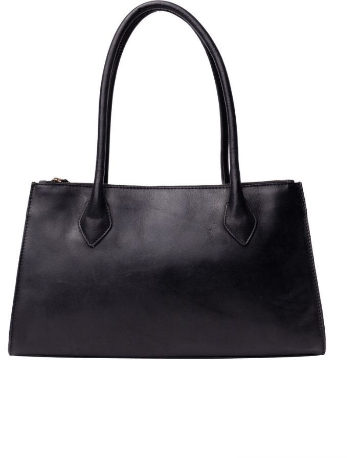 Schwarze Ora Small Ledertasche von Re:Designed mit vier Innenfächern, Druckknopfverschluss und handgefertigtem Design Front