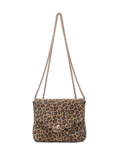 Leopardenbedruckte Wildleder-Umhängetasche in Taupe von Cherry Paris mit verstellbarem Kettenriemen und Reißverschluss-Innenfach – Format 18x14x4 cm.