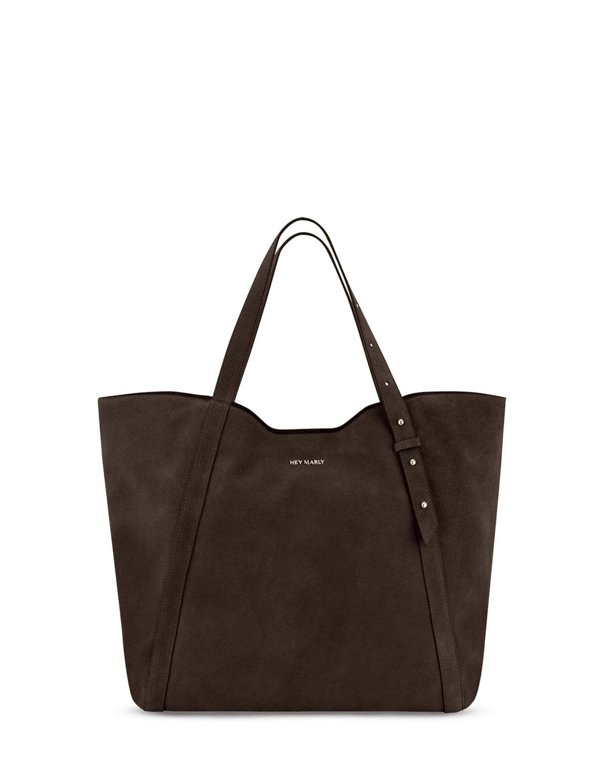 Große Hey Marly Pretty Wonder Suede L Tasche in Chocolate aus braunem Veloursleder mit eleganter Trapezform und langen Henkeln von vorne