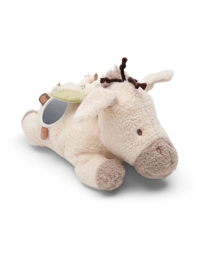Weiches Jollein Aktivitäten-Kuscheltier Donkey Dinky in Eselform mit Spiegel, Glöckchen, Knisterelementen und verschiedenen Texturen.