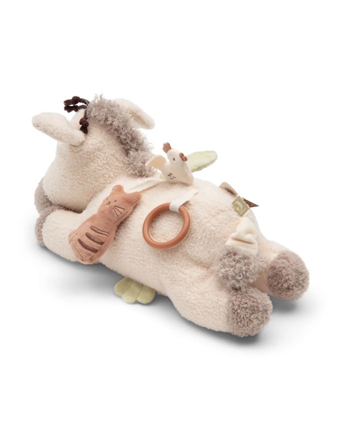Weiches Jollein Aktivitäten-Kuscheltier Donkey Dinky in Eselform mit Spiegel, Glöckchen, Knisterelementen und verschiedenen Texturen.