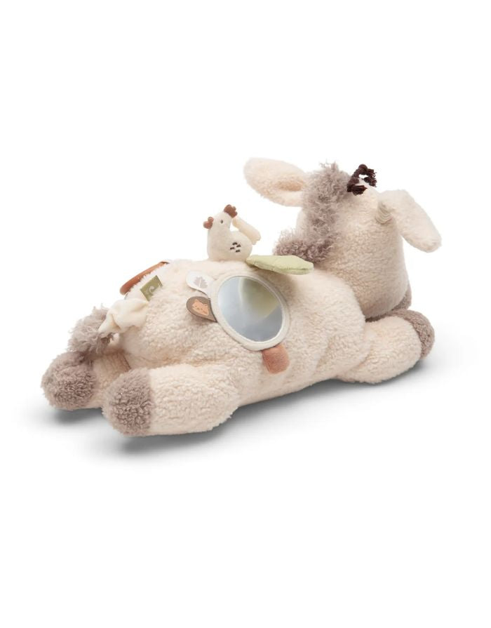 Weiches Jollein Aktivitäten-Kuscheltier Donkey Dinky in Eselform mit Spiegel, Glöckchen, Knisterelementen und verschiedenen Texturen.
