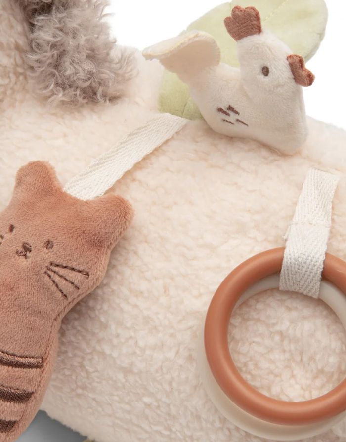 Weiches Jollein Aktivitäten-Kuscheltier Donkey Dinky in Eselform mit Spiegel, Glöckchen, Knisterelementen und verschiedenen Texturen.