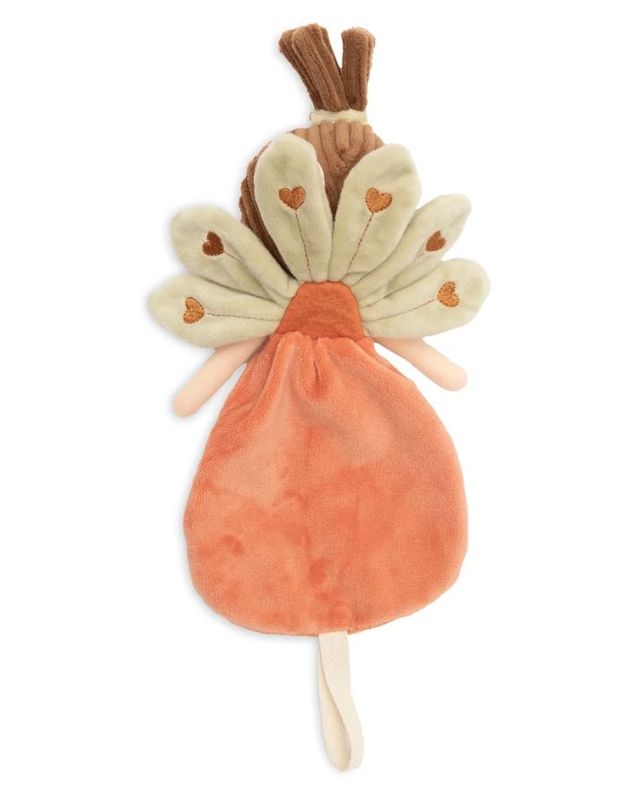 Weiches Jollein Schmusetuch Peacock Pia in Form eines Pfauenmädchens mit Kleidchen, Pfauenfedern und Schlaufe für einen Schnuller.