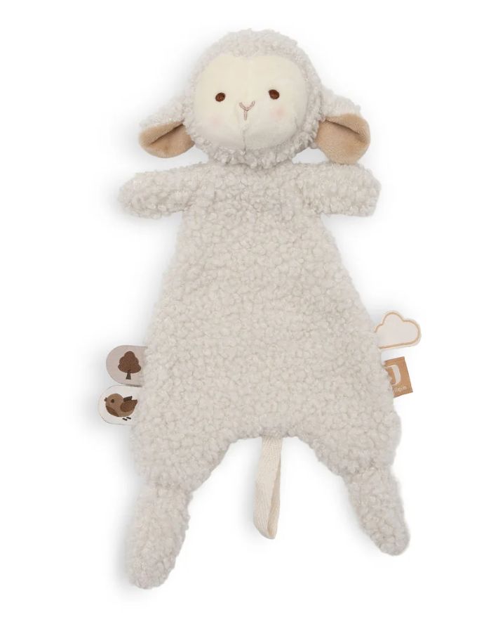 Weiches Jollein Schmusetuch Sheep Sonny in Form eines Schäfchens mit wolliger Oberfläche, weichen Ohren und Schlaufe für einen Schnuller.