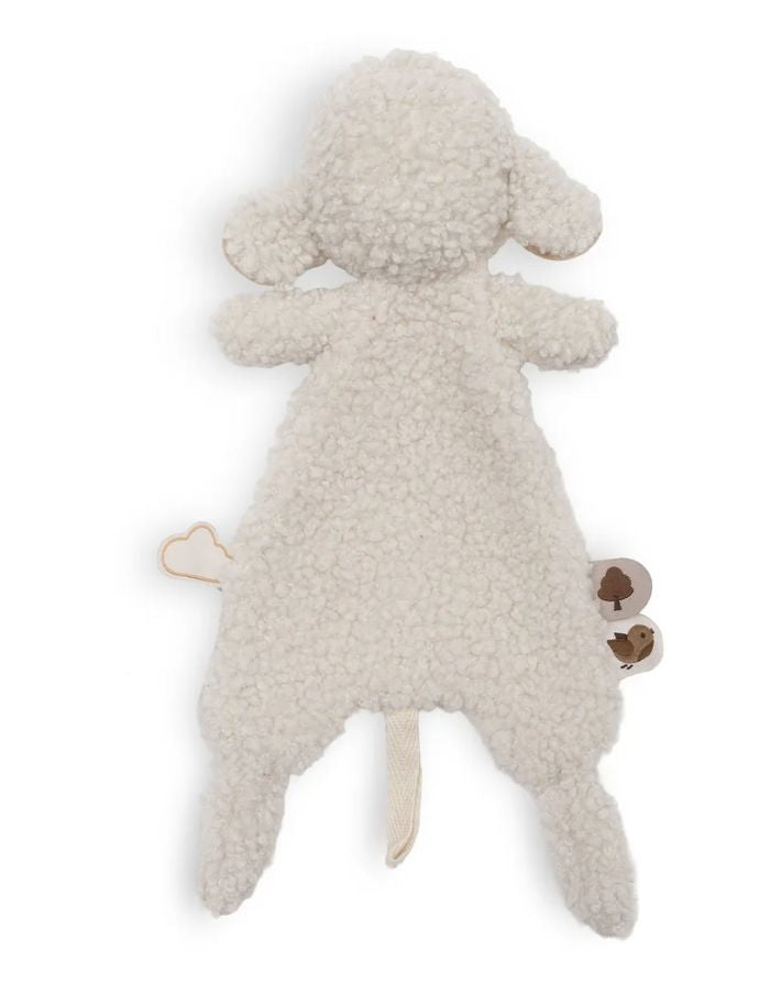Weiches Jollein Schmusetuch Sheep Sonny in Form eines Schäfchens mit wolliger Oberfläche, weichen Ohren und Schlaufe für einen Schnuller.