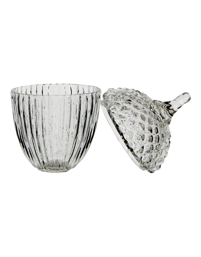 Mundgeblasene Aufbewahrung Romance Autumn M von Affari of Sweden aus klarem Glas mit Deckel, Ø 10 × H 16 cm, geöffnet.