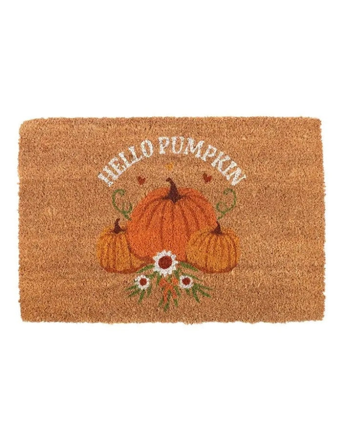 Fußmatte Hello Pumpkin von Something Different aus Kokosfaser mit herbstlichem Kürbis-Motiv und Schriftzug, 40 × 60 cm als Freisteller