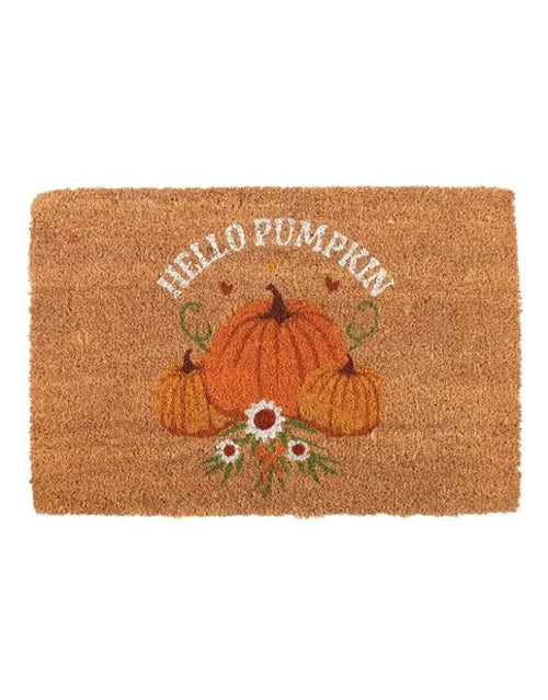 Fußmatte Hello Pumpkin von Something Different aus Kokosfaser mit herbstlichem Kürbis-Motiv und Schriftzug, 40 × 60 cm als Freisteller