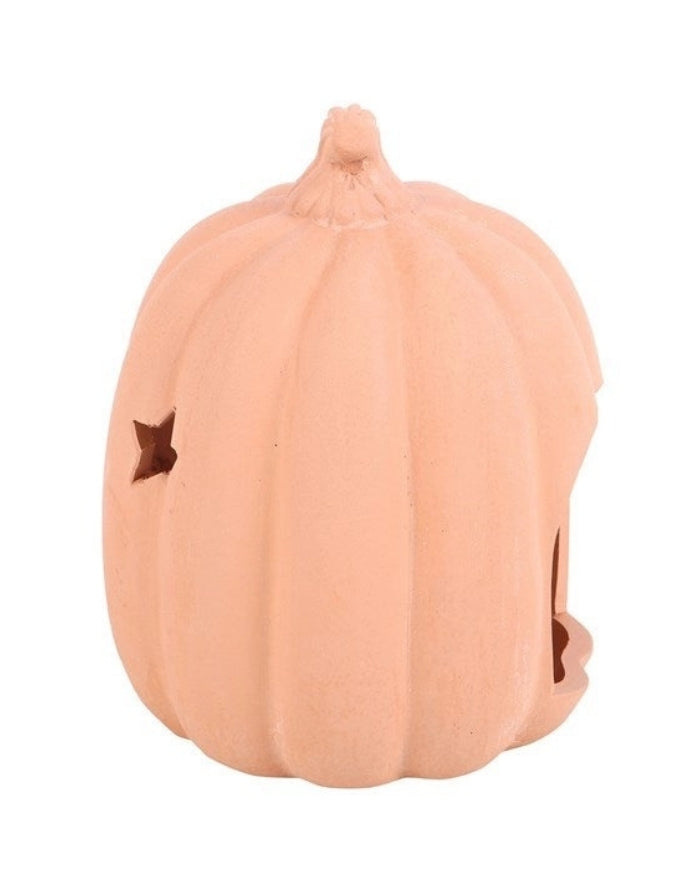 Terrakotta Kürbis-Teelichthalter von Something Different mit ausgestanzten Sternen für eine stimmungsvolle Herbst- und Halloween-Dekoration von der Seite