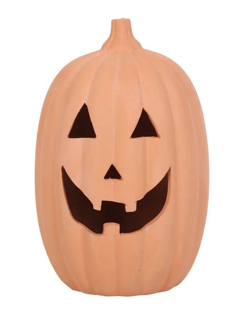 Terrakotta Kürbislaterne von Something Different mit klassischem Halloween-Kürbisgesicht für ein Teelicht, 23 cm hoch als Freisteller von vorne