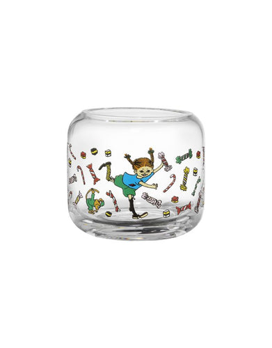 Kerzenhalter Pippi Langstrumpf Candy aus Glas von Muurla, rund, Ø 9 cm, H 8 cm, farbenfrohes Pippi-Design, ideal für Teelichter.