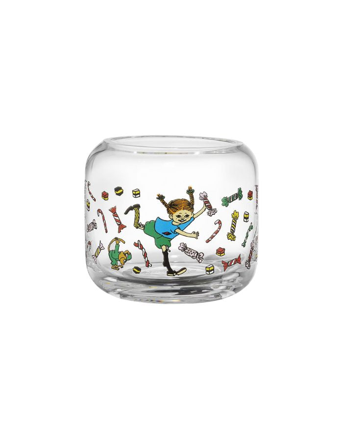 Kerzenhalter Pippi Langstrumpf Candy aus Glas von Muurla, rund, Ø 9 cm, H 8 cm, farbenfrohes Pippi-Design, ideal für Teelichter.