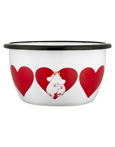  Emaille-Schüssel Moomin Heart von Muurla, 6 dl, weiß mit Herzmotiv, robust, leicht, spülmaschinengeeignet, nicht für Mikrowelle.