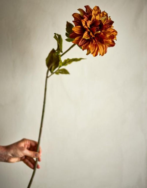 Orange Kunstblume Chrysantheme von Bloomingville mit großer, vielschichtiger Blüte und einer Höhe von 73 cm, vor einer Wand.