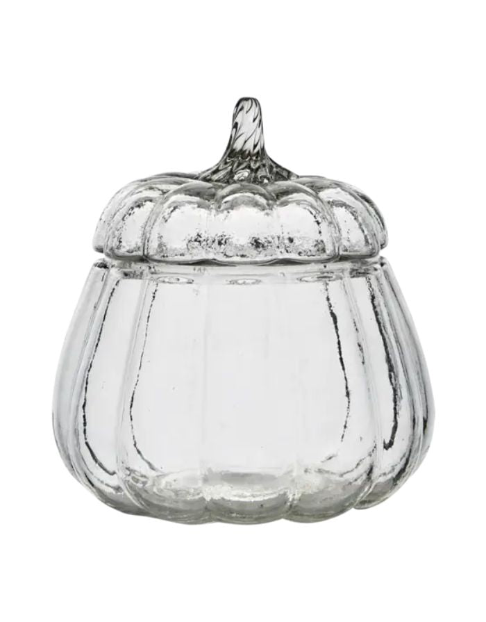 Schale Pumpkin M von Affari of Sweden aus klarem Glas in Kürbisform mit passendem Deckel, Ø 15 × H 15 cm.