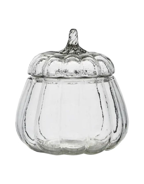Schale Pumpkin M von Affari of Sweden aus klarem Glas in Kürbisform mit passendem Deckel, Ø 15 × H 15 cm.