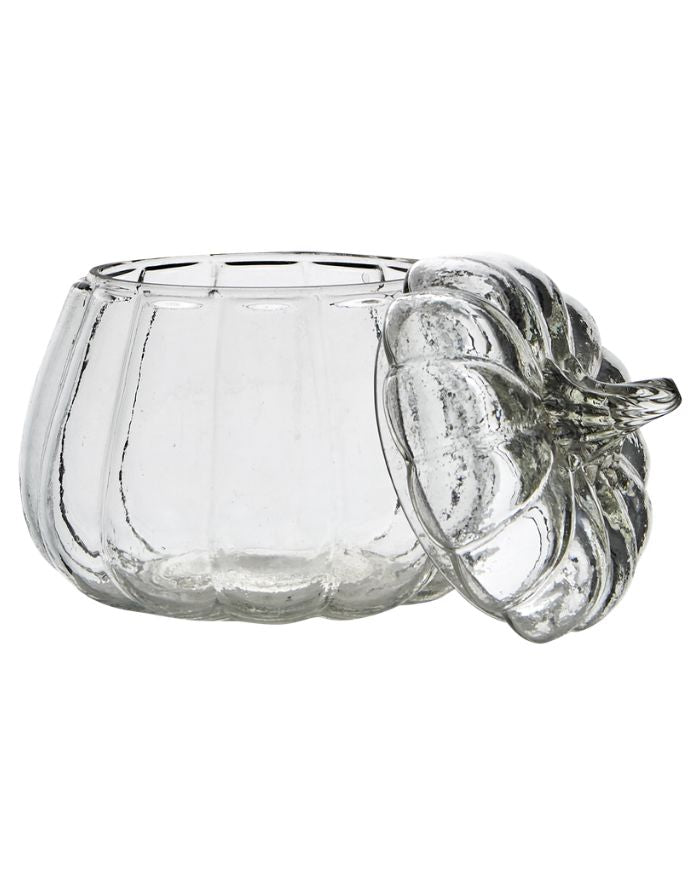 Schale Pumpkin M von Affari of Sweden aus klarem Glas in Kürbisform mit passendem Deckel, Ø 15 × H 15 cm.