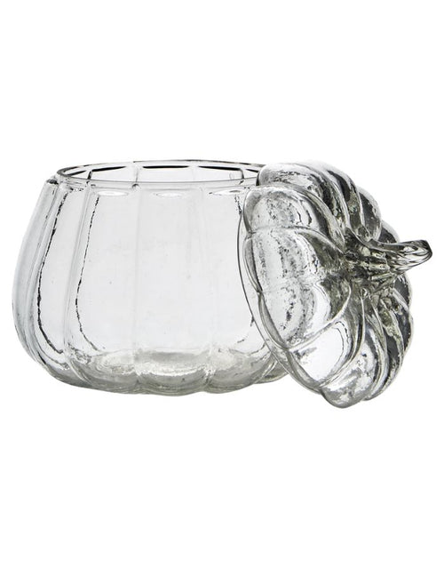 Schale Pumpkin M von Affari of Sweden aus klarem Glas in Kürbisform mit passendem Deckel, Ø 15 × H 15 cm.